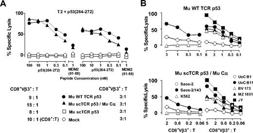 Figure 2. Cytolysis in T2 peptide titration and specific tumor recognition of Hu CD8+ CTLs transduced with a p53(264-272)A2.1-specific scTCR. (A) Cytotoxicity of p53-specific Mu WT TCR p53 (●), Mu scTCR p53 (□), Mu scTCR p53/Mu Cα (▴), or Mock (○) transduced Hu CD8+ T cells in response to peptide-pulsed T2 targets at the indicated effector to target ratios (CD8+Vβ3+:T). (B) p53(264-272)A2.1-specific, TCR-transduced Hu CD8+ CTLs were tested at the indicated CD8+Vβ3+ to target ratios (CD8+Vβ3+:T) for cytolysis in response to p53+A2.1+ (Saos-2/143, UoC B11, BV 173, MZ 1851, and JY), p53−A2.1+ (Saos-2), p53+A2.1− (Uoc B1), and p53−A2.1− (K562) human tumor targets. The percentages of lysis are calculated as means from replicates and are shown for a representative chromium release assay of 2 experiments.