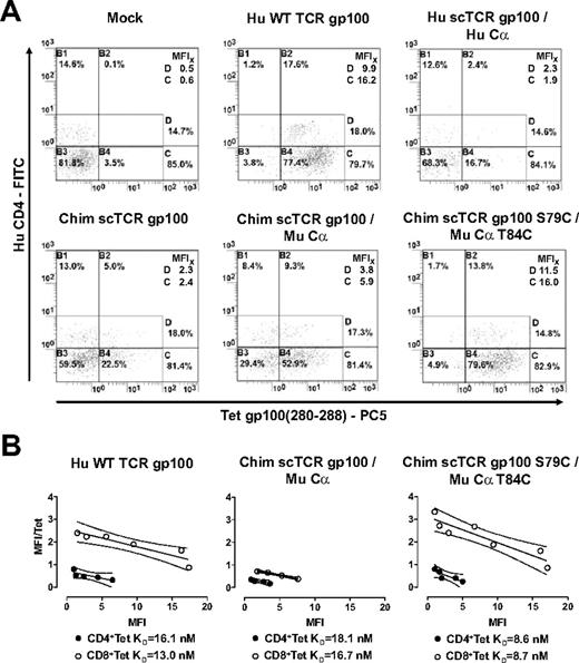 Figure 3. Expression and tetramer avidity of a murinized Hu gp100(280-288)A2.1-specific scTCR in Hu T lymphocytes. (A) Mock, Hu WT TCR gp100, Hu scTCR gp100/Hu Cα, Chim scTCR gp100, Chim scTCR gp100/Mu Cα, and Chim scTCR gp100 S79C/Mu Cα T84C transduced Hu T cells were tested for binding tetrameric gp100(280-288)A2.1 complexes by flow cytometry. (B) Avidity (KD) of tetramer binding to T cells determined by Scatchard analysis. Hu WT TCR gp100, Chim scTCR gp100/Mu Cα, and Chim scSL7TCR gp100 S79C/Mu Cα T84C transduced Hu CD8+ (○) and CD4+ (●) T lymphocytes were quantitatively tested for binding to tetrameric gp100(280-288)A2.1 complexes by flow cytometry. Linear regression analysis was accomplished with GraphPad Prism Software version 3.0. FITC indicates fluorescein isothiocyanate; and PC5, phycoerythrin-cyanin 5.