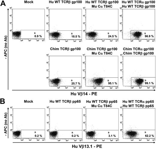 Figure 4. Coexpression of a Mu Cα and different Hu TCRβ chains in Jurkat-76 lacking endogenous TCRs. To elucidate the propensity of Mu Cα to pair with arbitrary endogenous TCRβ chains (A-B right; 24.5%/3.1%), we introduced the TCRβ chain alone as a negative control (A-B left; 18.5%/0.2%) or the WT Hu TCRα/β chains of the gp100(280-288) specificity (Vβ14) or the Hu CMV pp65(495-503) specificity (Vβ13.1) as positive controls (A-B outmost right; 96.9%/62.2%). In addition, a partially murinized (ie, chimerized in C domains) dcTCR gp10025 was assayed to confirm that Mu Cα T84C pairs with a murinized TCRβ with higher efficacy than with a Hu full-length TCRβ chain (A bottom right; 95.1% vs 24.5%). We used TCR RNA transfection by electroporation as described elsewhere.19 Surface expression of any monodimer or heterodimer was already monitored next day in flow cytometric analysis with the use of the related anti-TCR Vβ antibody. Mu Cα marginally pairs with an unrelated Hu TCRβ chain (24.5% vs 18.5% and 3.1% vs 0.2%, respectively). In a clinical situation, the tiny fraction of hybrid Mu Cα T84C/Hu TCRβ should be theoretically outcompeted by endogenous TCRα chains which contribute with 2 domains (ie, Vα + Cα) to chain pairing.