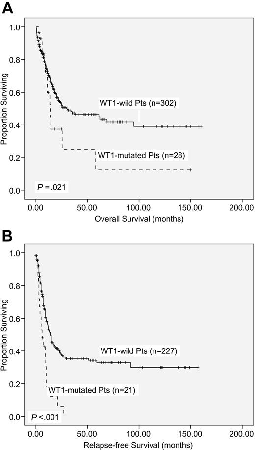 Figure 2. Kaplan-Meier survival curves. OS (A) and RFS (B) according to WT1 mutation status in 330 AML patients receiving standard intensive chemotherapy.