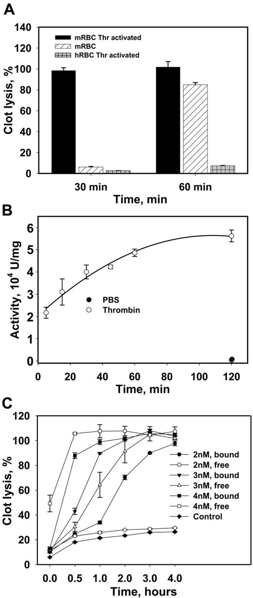 Figure 2. Thrombin activation and fibrinolytic activity of RBC-bound and soluble scFv/uPA-T in vitro. (A) Lysis of 125I-labeled fibrin clots by mouse or human RBCs (mRBCs; hRBCs) preincubated for 1 hour in medium containing scFv/uPA-T, with or without activation by thrombin (n = 3). (B) Kinetics of scFv/uPA-T activation by thrombin. ● shows nonactivated scFv/uPA-T. (C) Fibrinolytic activity of RBC-bound or free scFv/uPA-T at the indicated concentrations using clots prepared from PPP. Clot lysis was monitored for 0 to 4 hours (n = 3).