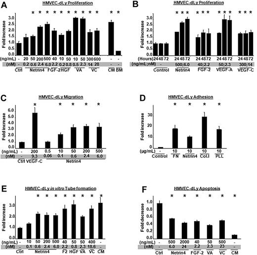 Figure 1. Netrin-4 induces HMVEC-dLy proliferation, migration, tube formation and survival. (A) Mitogenic potential of different doses of Netrin-4 on lymphatic dermal human microvascular endothelial cells (HMVEC-dLys) compared with several known lymphangiogenic growth factors (FGF-2 or bFGF, HGF, VEGF-A (VA), VEGF-C (VC), and complete (CM) or basal cell (BM) culture media. Cell number was assessed using dojindo reagent 72 hours after treatment and expressed as fold increase versus control. (B) HMVEC-dLy proliferation under a single dose of Netrin-4 (500 ng/mL), FGF-2 (40 ng/mL), VEGF-A (50 ng/mL), or VEGF-C (300 ng/mL) assessed every 24 hours for 3 days. (C) Chemotactic effects of different doses of Netrin-4 and VEGF-C on HMVEC-dLys in a Boyden chamber assay. (D) HMVEC-dLy adhesion on various matrixes: Fibronectin (FN), Netrin-4, Collagen I (Col. I), and Poly-L-Lysin (PLL) at 10 μg/mL. (E) In vitro tube formation by HMVEC-dLys under different doses of Netrin-4, FGF-2 (bF), HGF, VEGF-A (VA), VEGF-C (VC), or complete media (CM). (F) Inhibition of serum deprivation–induced HMVEC-dLys apoptosis under different doses of Netrin-4, FGF-2, VEGF-A (VA), VEGF-C (VC), and complete media (CM). *P < .05.