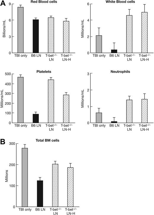Figure 1. T-bet−/− LN-cell malfunction in vivo in the induction of BM failure. Lymph node (LN) cells from normal B6 or T-bet−/− donors were used as effectors to induce bone marrow (BM) failure in sublethally irradiated (5 Gy) CByB6F1 recipient mice. Data were pooled from 4 different experiments showing as means with SEs for animals that received the following treatments: (1) TBI only (5 Gy TBI, n = 11), (2) B6 LN (5 Gy TBI + 5 × 106 B6 LN, n = 13), (3) T-bet−/− LN (5 Gy TBI + 5 × 106 T-bet−/− LN, n = 16), (4) T-bet−/− LN-H (5 Gy TBI + 10 × 106 T-bet−/− LN, n = 8). Total BM cells were calculated assuming that bilateral tibia and femurs contain 25% of total marrow cells. Infusion of B6 LN cells, but not T-bet−/− LN cells, caused significant decreases in WBCs (P < .01, panel A), neutrophils (P < .01, panel A), platelets (P < .01, panel A), and total BM cells (P < .01, panel B).