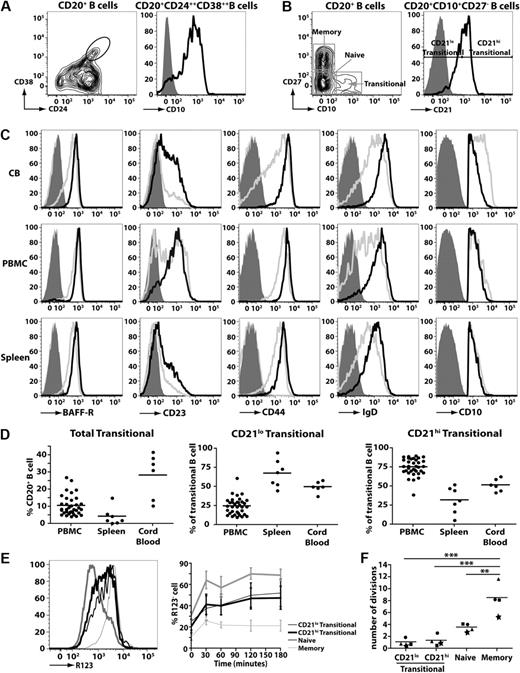 Figure 1. Identification of 2 subsets of human transitional B cells. (A-B) Peripheral blood mononuclear cells (PBMCs) were stained with mAbs against CD20, CD24, CD38, and CD10. (A) Left panel: Expression of CD24 and CD38 on CD20+ B cells; transitional B cells were initially defined as CD24hiCD38hi cells. Right panel: Expression of CD10 on CD24hiCD38hi B cells. (B) PBMCs were stained with mAbs specific for CD20, CD27, and CD10 to identify transitional (CD20+CD27−CD10+), naive (CD20+CD27−CD10−), and memory (CD20+CD27+CD10−) B cells (left panel). The transitional B-cell population was further divided into CD21lo and CD21hi subsets (right panel). (C) MNCs from CB, PB, and spleen were stained with mAbs against CD10, CD20, CD27, and CD21. Expression of BAFF-R, CD23 CD44, IgD, and CD10 on CD21lo (gray line) and CD21hi (black line) transitional B-cell subsets was determined by flow cytometry. The corresponding isotype control is represented by the light gray filled and dark gray filled histograms for CD21lo and CD21hi transitional B cells, respectively. Note that, for the depiction of the CD10 histograms, the solid gray overlay represents the fluorescence of all lymphocytes after labeling with an isotype control mAb. The plots are representative of more than 5 experiments using cells from different donors. (D) The frequencies of total transitional B cells as well as CD21lo and CD21hi subsets in PB (n = 35), spleen (n = 7), and CB (n = 6). The results are expressed (left to right) as percentage of CD20+ B cells, and percentage of CD20+CD27−CD10+ transitional B cells. (E) PB B cells were labeled with mAbs against CD10, CD21, and CD27, together with R123, and then incubated at 37°C. Samples were collected at various times and analyzed for extrusion of R123. Left panel: Representative data for R123 extrusion after 60 minutes. Right panel: Kinetics of extrusion of R123 (expressed as the percentage of R123− cells; mean ± SEM, n = 4). (F) The replication history of each subset was determined by KREC analysis.30,31 This was performed on B-cell subsets isolated from 4 unrelated donors; each symbol (●, ■, ★, ▲) represents an individual donor, whereas the horizontal line represents the mean. **P < .01. ***P < .001.