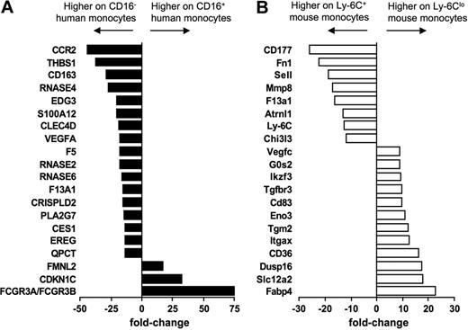 Figure 5. Human and mouse monocyte subset arrays reveal some divergence from conservation. Bar graphs summarize the top 20 most differentially expressed genes between (A) human (■) and (B) mouse (□) monocyte subsets. Results are depicted as relative fold change, as determined by microarray, where negative values are more highly expressed on the CD16− human or Ly-6C+ mouse monocyte subset and positive values are more highly expressed on the CD16+ human or Ly-6Clo mouse subset.