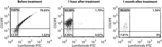 Figure 3. Receptor occupancy by lumiliximab in the presence of sCD23. Flow cytometric antibody assay used to measure the relative binding of lumiliximab to CD23. CD23-expressing cells are labeled with anti–CD23-PE antibodies that recognize an epitope different from that of lumiliximab. Cells are subsequently stained with lumiliximab-FITC. If the B-CLL cells have lumiliximab bound to CD23, lumiliximab-FITC, which is added during the assay period, will not bind to CD23, indicating that lumiliximab administered to the patient is still bound. FITC indicates fluorescein isothiocyanate.