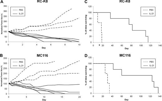 Figure 4. In situ injections of IL-21 induce tumor remission and prolong survival of mice bearing DLBCL xenograft tumors. Mice bearing subcutaneous RC-K8 or MC116 xenograft tumors were treated with 10 μL in situ injections of either PBS (3 mice per experiment) or IL-21 (1 mg/mL; 5 mice per experiment). (A-B) Tumor size (area) in IL-21–treated and PBS-treated mice bearing RC-K8 (A) or MC116 (B) tumors. Dashed lines represent tumor size in individual PBS-treated mice, whereas solid lines represent individual IL-21–treated mice. (C-D) Overall survival of mice bearing RC-K8 (C) or MC116 (D) tumors treated with PBS (dashed line; n = 3) or IL-21 (solid line; n = 5). Similar results to those shown in panels A-D were observed in an additional independent experiment performed with each cell line.