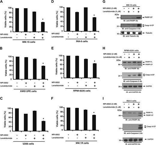 Figure 1. Combination of low doses of NPI-0052 and lenalidomide induces synergistic MM-cell death. (A-F) MM-cell lines were pretreated with or without lenalidomide for 24 hours, and then NPI-0052 was added for an additional 24 hours, followed by assessment for cell viability using MTT assays. The experiments with single agents and the respective combinations were carried out simultaneously. The concentrations of drugs, either alone or in combination, were as follows: for MM.1S, KMS12PE, and INA-6 cells: 2nM NPI-0052, 3μM lenalidomide, or NPI-0052 (2nM) plus lenalidomide (3μM); for RPMI-8226 cells: 2nM NPI-0052, 10μM lenalidomide, or NPI-0052 (2nM) plus lenalidomide (10μM); for U266 cells: 5nM NPI-0052, 10μM lenalidomide, or NPI-0052 (5nM) plus lenalidomide (10μM); and for MM.1R cells: 3nM NPI-0052, 5μM lenalidomide, or NPI-0052 (3nM) plus lenalidomide (5μM). *P < .05 for all cell lines. (G-I) MM.1S, RPMI-8226, or INA-6 cells were pretreated with or without lenalidomide for 24 hours, and then NPI-0052 was added for an additional 24 hours and harvested, and whole cell lysates were subjected to immunoblot analysis with anti-PARP, anticaspase-3, antitubulin, or anti-GAPDH Abs. FL indicates full length; and CF, cleaved fragment. Blots shown are representative of 3 independent experiments.