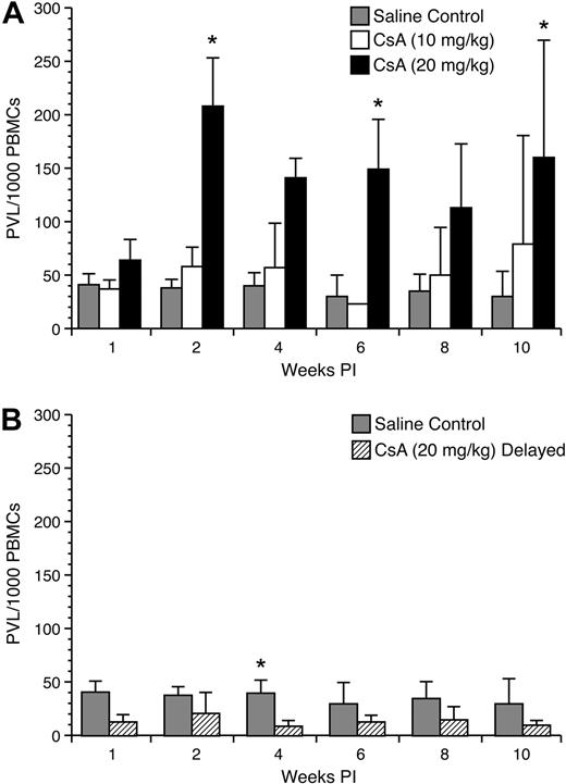 Figure 6. Proviral load analysis of mononuclear leukocytes. Genomic DNA was isolated from lymphocytes and used in a real-time polymerase chain reaction assay to detect proviral copy numbers. (A) Rabbits treated with 20 mg/kg CsA before infection displayed significant increases in the number of proviral copies up to 4 weeks after infection. The difference between 10 mg/kg CsA-treated rabbits and the control rabbits was not statistically significant. (B) Rabbits treated with 20 mg/kg CsA after infection displayed a decrease in the number of provirus-carrying lymphocytes after the beginning of CsA treatment.