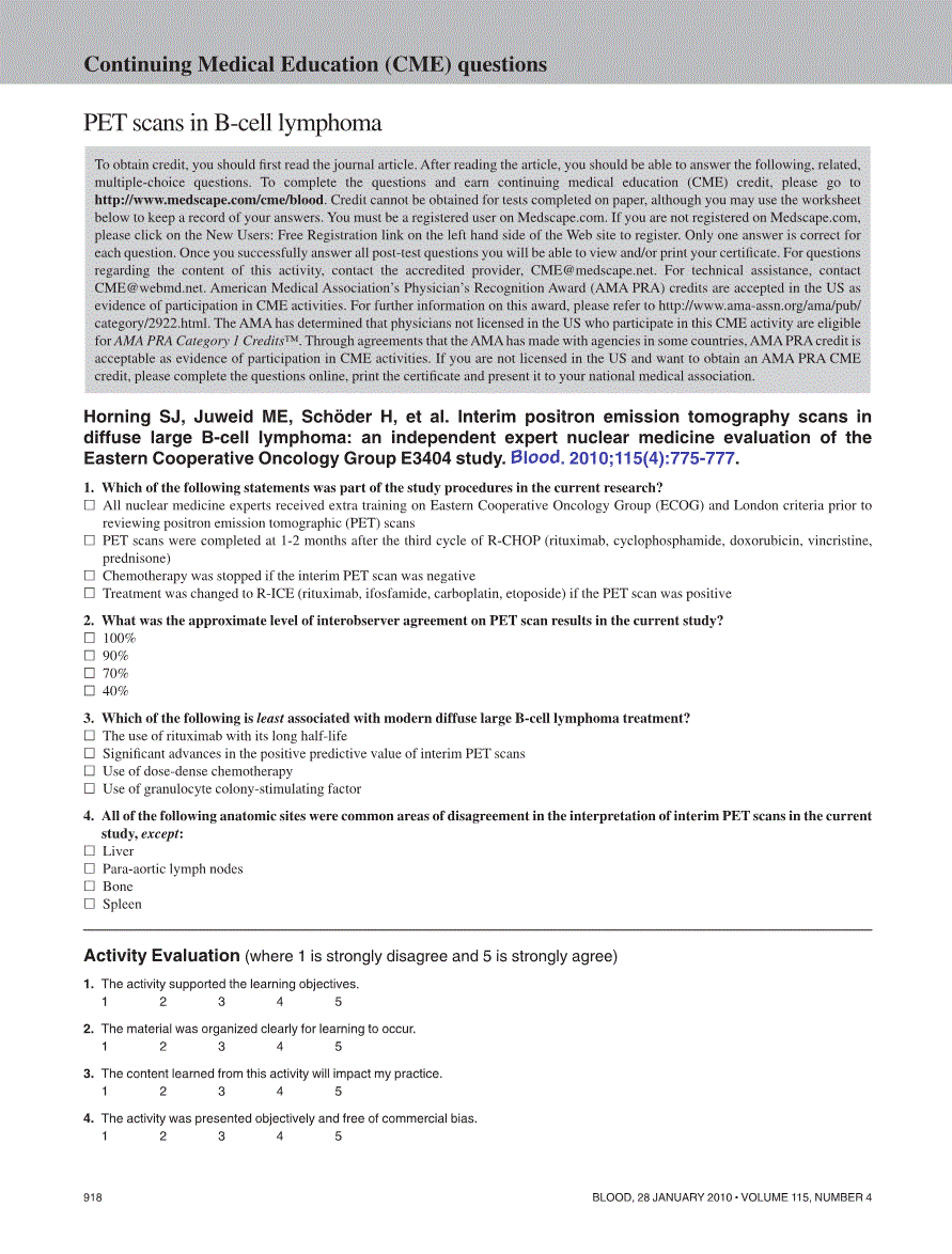 First page of Continuing Medical Education (CME) questions: PET scans in B-cell lymphoma