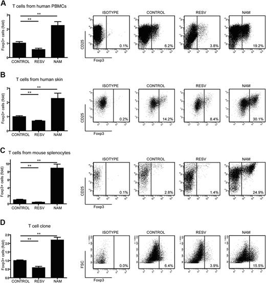 Figure 5. Treatment of primary T cells with a SIRT inhibitor results in increased Foxp3+ cell numbers. Isolated primary T cells were cultured in the presence of IL-2, anti-CD3, and anti-CD28 (mouse splenocytes were also cultured in the presence of transforming growth factor-β). Cells were treated with the SIRT activator resveratrol, the SIRT inhibitor NAM, or carrier as control. The percentage of Foxp3+ cells was determined using FACS technology. T cells originated from human PBMCs (A), human skin (B), mouse spleen (C), and a human T-cell clone (D). Results are the means of at least 4 independent experiments. **P < .01.