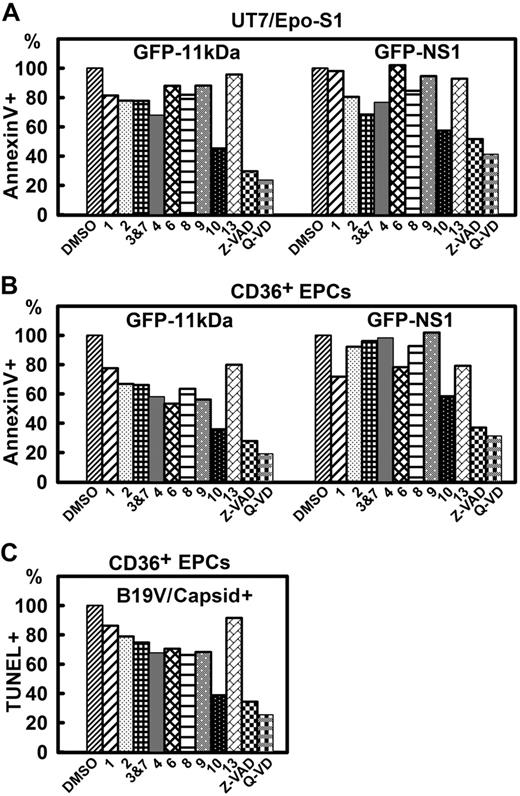 Figure 6. The inhibitory effects of caspase inhibitors on 11kDa/NS1 transfection– and B19V infection–induced apoptosis. (A-B) Inhibitory effects of caspase inhibitors on apoptosis induced by 11kDa and NS1 transfection. (A) UT7/Epo-S1 cells were transfected with pGFP-11kDa or pGFP-NS1. (B) CD36+EPCs were transfected with pGFP-11kDa and pGFP-NS1, respectively, as shown. Individual caspase inhibitors (at 20μM), caspase-1, -2, -3&7, -4, -6, -8, -9, -10, and -13 inhibitors, as indicated by 1, 2, 3&7, 4, 6, 8, 9, 10, and 13, respectively, and pan-caspase inhibitors, Z-VAD (20μM) and Q-VD (10μM), were applied at the time of transfection. Dimethyl sulfoxide (DMSO) served as a control at 0.5% vol/vol. Apoptosis was measured by annexin V/PI staining at different times after transfection as indicated. The annexin V+/PI+ population is shown as a relative percentage (%) to the DMSO control that is arbitrarily set as 100%. (C) Inhibitory effects of caspase inhibitors on apoptosis induced by B19V infection. CD36+ EPCs were infected with B19V. Caspase inhibitors were applied upon infection at the concentrations described in panel B. TUNEL assay was used to measure apoptosis induced in capsid+ cell population at 48 hours after infection by flow cytometer. The TUNEL+ population is shown as a relative percentage to the DMSO control, arbitrarily set as 100%. All the numbers shown as percentage (%) are averages from at least 2 individual experiments.