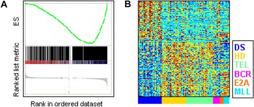Figure 2. DS-ALL gene expression profile. (A) GSEA analysis on ICH dataset. Genes are ranked (bottom of panel, gray) according to their expression in DS-ALL samples versus the rest of the samples, by GSEA, using the default parameters. The members of a gene set S (here, the set of 535 genes down-regulated in DS-ALL, AIEOP data) are tested: are they randomly distributed in the ranked gene list, or primarily found at the top or bottom? Occurrences of members of the gene set S in the ranked gene list are shown as vertical black lines above the ranked signature. The green curve and upper y-axis represent the enrichment score (ES) as a function of the number of ranked genes tested for enrichment of gene set S. See supplemental Methods for full details. (B) Expression levels of the genes from the refined DS-ALL lists, measured on the AIEOP dataset. Four hundred twenty-three probe sets that belong to the refined DS-ALL profile gene lists are centered and normalized. Values for each individual case are represented by a color, with red representing deviation above the mean and blue representing deviation below the mean. The colors along the x-axis represent the different ALL subtypes, listed on the right of the plot. DS indicates Down syndrome ALL; HD, high hyperdiploid; TEL, TEL-AML1; BCR, BCR-ABL; E2A, E2A-PBX1; and MLL, MLL-AF4.