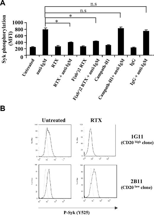 Figure 2. Influence of CD20 on RTX inhibitory effect. (A) BCR was stimulated in RL cells pretreated during 16 hours with 10 μg/mL of entire RTX, F(ab′)2 RTX, Campath-H1, or nonrelevant human IgG. Results represent Syk activation (Y525) expressed in MFI and are the mean of 3 independent experiments ± SD. *P < .05; n.s indicates not significant. (B) Syk activation (Y525) was evaluated on CD20 high (clone 1G11) and CD20 low (clone 2B11) expressing cells preincubated with RTX (10 μg/mL, 16 hours) and stimulated with anti-IgM (10 μg/mL, 5 minutes). Nonstimulated and stimulated cells are represented by gray and black histograms, respectively. Histograms are representative of 3 independent experiments.