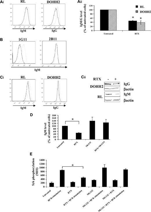Figure 6. Effect of RTX on BCR expression and proteasome-mediated degradation. (A-B) BCR expression at the cell surface was evaluated by flow cytometry on fixed cells pretreated with RTX (10 μg/mL, 16 hours) and then stained with Cy5-conjugated anti-IgM antibody (RL, 1G11, 2B11) or Cy5-conjugated anti-IgG antibody (DOHH2). (Aii) Results are expressed as percentage of untreated cells and are the mean of 3 independent experiments ± SD. P < .005 compared with untreated cells. (C) Total BCR expression level was analyzed by flow cytometry with fixed and permeabilized FL cells (Ci) or by Western blot (Cii). (Ai,B,C1) Untreated and treated cells are represented by gray and black histograms, respectively. Histograms are representative of at least 3 independent experiments. (D) RL cells were cotreated with MG132 (10μM) and RTX (10 μg/mL) for 16 hours. BCR expression was analyzed as described in panel A. Results are expressed in percentage of untreated cells and are the mean of 3 independent experiments ± SD. *P < .002 compared with untreated cells. (E) RL cells were cotreated with MG132 (10μM) and RTX (10 μg/mL) for 16 hours. BCR was then stimulated with anti-IgM antibody (10 μg/mL, 5 minutes) and Syk phosphorylation (Y525) was evaluated by flow cytometry. Results are expressed in MFI and are the mean of 3 independent experiments ± SD. *P < .002 compared with BCR-stimulated cells.