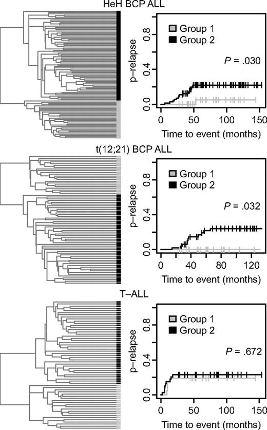 Figure 3. Refined hierarchical clustering of ALL samples in the HeH and t(12,21) BCP ALL and T-ALL subgroups by methylation profile and analysis of probability of disease relapse. (Left) Dendrograms from divisive (top-down) hierarchical clustering by use of the Euclidean distance between beta values for the 300 selected CpG sites as distance metric. In the dendrogram each individual sample is represented by a black or gray horizontal bar. (Right) Probability of relapse (p-relapse) for the patients in group 1 and group 2 (Gray test). The p-relapse is given on the y-axis and the observation time in months on the x-axis. The P values for the difference in p-relapse between group 1 and group 2 are shown in the panels (Gray test). The total number of different events in the 2 groups of patients with HeH and t(12;21) ALL are shown in supplemental Table 3. The number of events for the patients with T-ALL is given in Table 1.