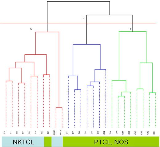 Figure 2. Unsupervised clustering of 7 NKTCLs, 2 NKTCL-derived cell lines, and 16 PTCLs, NOS. Dendrogram of 23 lymphoma tissues and 2 cell lines based on principal component analysis demonstrated 2 major clusters of NKTCL including tumor-derived cell lines and PTCL, NOS, respectively. T1-T7: 7 NKTCL samples, SNK6, SNT8; C1-16: 16 PTCL, NOS samples.
