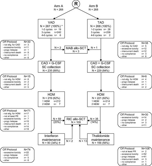 Figure 1. Flow diagram of 536 adult patients with MM included in the HOVON-50 study by treatment arm. *One patient died 2 days after registration without any protocol treatment; †1 patient received interferon maintenance without prior HDM.