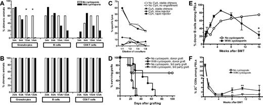 Figure 1. CsA treatment inhibits CD8 T-cell tolerance. (A-D) WT B6 mice received 3 Gy TBI and anti-CD154 mAb followed by B10.A BMT. One group of mice was also treated with CsA for 14 days (n = 6-7/group; 1 representative of 3 experiments is shown). In the experiment shown in panel B, recipient CD8 T-cell depletion was performed in addition (n = 7-8/group). (A-B) Incidence of chimerism in different lineages is indicated. Chimerism in CD4 cells (not shown) was comparable with that in CD8 cells. A lineage was defined as chimeric when ≥ 5% donor cells were found in that lineage. Note that T-cell chimerism usually only begins to appear at 2 weeks after BMT and thereafter increases slowly, reflecting the long survival time of peripheral T cells and the slow peripheral repopulation from de novo thymopoiesis. (C) Recipient mice were euthanized at day 90 after BMT, and their splenocytes were used in a cell-mediated lympholysis assay to determine cytotoxicity against donor and third-party targets. CyA indicates cyclosporine A. (D) At day 1 after BMT, skin grafts were placed, and survival was followed until day 100 after grafting. Mean graft survival times were as follows: donor grafts 48 days with CsA vs indefinite without CsA, third-party grafts 29 days with CsA vs 22 days without CsA. (E-F) 2C/B6 syn-chimeric mice received 3 Gy TBI/anti-CD154 and B10.A BMT. One group of mice was also treated with CsA for 28 days (n = 10-11/group). (E) Levels of chimerism in mice that showed engraftment at 2 weeks are depicted over time for the B-cell lineage. (F) The percentage of 2C+CD8+ cells among peripheral blood lymphocytes is depicted over time.