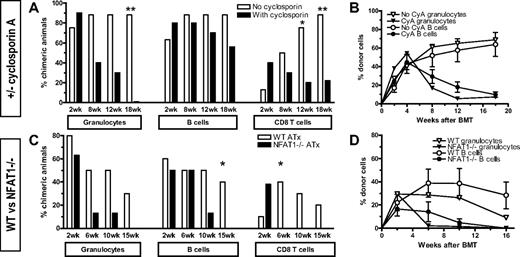 Figure 3. Thymectomy cannot restore CD8 tolerance in CsA-treated and NFAT1-deficient recipients. For each experiment depicted in this figure, 1 group of mice was thymectomized at the age of 4 to 5 weeks. Four weeks later, thymectomized and age-matched control mice received allogeneic BMT with 3 Gy TBI/anti-CD154. (A-B) Thymectomized WT B6 mice were treated with 3 Gy TBI/anti-CD154 mAb MR1 followed by B10.A BMT. One group of mice additionally received daily subcutaneous CsA injections for 28 days, beginning on day 0 (n = 7-10/group; 1 representative of 3 experiments is shown). (C-D) Thymectomized WT B6.129/F2 and NFAT1−/− mice were treated with 3Gy TBI/anti-CD154 mAb and B10.A BMT (n = 7-8/group). (A,C) Incidence of chimerism is indicated for each group in different lineages. Chimerism among CD4 cells was comparable with that among CD8 cells. (B,D) Absolute levels of chimerism in mice that showed engraftment at 2 weeks is depicted over time for the granulocyte and B-cell lineages.
