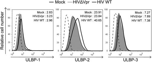 Figure 1. CD4+ T lymphocytes infected with HIV-1 express ULBP-2 in a Vpr-dependent manner. Human primary CD4+ T lymphocytes were mock-infected or infected with infectious CCR5-tropic HxBru.ADA.GFP or HxBru(Vpr-)ADA.GFP at an MOI of 0.5. After 5 days, mock-infected or GFP-expressing infected CD4+ T lymphocytes were monitored for expression of NKG2D ligands by flow cytometry using specific mAbs directed against ULBP-1, -2, and -3 and appropriate fluorochrome-conjugated secondary reagents. The histogram with the dashed line represents cells stained with the isotype control Abs; the filled histogram represents mock-infected cells, and the histograms with the bold and dotted lines represent, respectively, Vpr+ (HIV WT) and Vpr-defective (HIVΔVpr) HIV-infected cells, as indicated. MFI values were calculated by subtracting the corresponding isotype control values. Results shown are representative of the data obtained from 5 different donors.