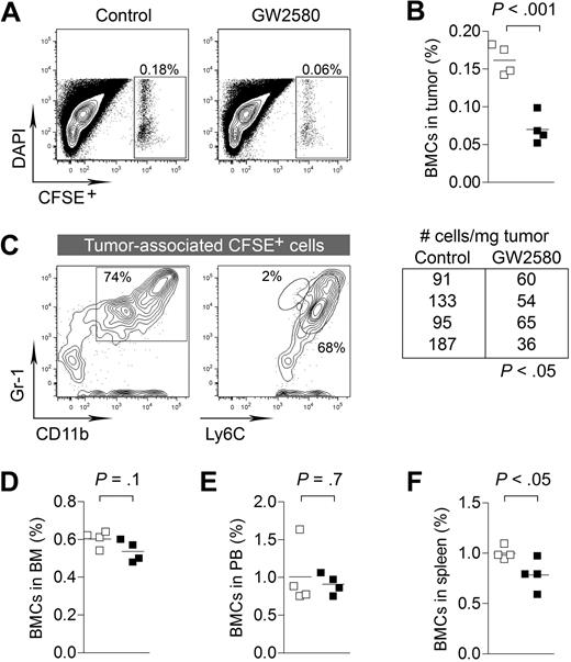Figure 3. CSF1R signaling regulates tumor recruitment of myeloid cells from peripheral blood. 3LL tumor-bearing mice (day 10 after implantation) were treated with control diluent or GW2580 (for 4 hours) and subsequently intravenously injected with 20 × 106 CFSE-labeled BMCs. After 4 hours, animals were killed and tissues were analyzed for recruitment of CSFE+ BMCs by flow cytometry. (A-B) Percentage of CFSE+ BMCs in tumor and absolute number of cells/mg tumor are shown (n = 4/group). (C) The majority of tumor-recruited CFSE+ cells were CD11b+Gr-1+ and Ly6Chi. (D-F) Percentage of CFSE+ BMCs in the bone marrow, peripheral blood, and spleens are shown (n = 4/group).