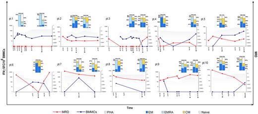 Figure 1. Immunological monitoring of p190BCR-ABL–specific memory T-cell responses in the BM from 10 Ph+ ALL patients on IM alone and correlation with the disease course. Longitudinal data tracking MRD kinetics (right, y-axis; red) and IFN-γ–ELISPOT responses (left, y-axis, blue) are summarized in a single time-course graph for each patient. On each patient's graph, representative memory BM T-cell profiles are also depicted over the related time points (indicated by asterisks). T-cell memory subsets were defined as following: CD62L−CD45RA− (EM, dark blue), CD62L−CD45RA+ (EMRA, light blue), CD62L+CD45RA− (CM, yellow), CD62L+CD45RA+ (naive T cells, white). Data for each subset are expressed as relative percentages on the total of either CD8+ or CD4+ T cells.