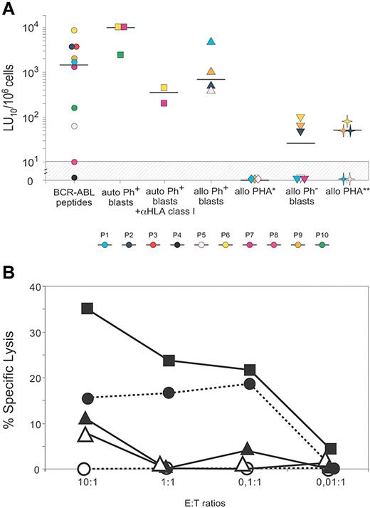 Figure 3. Cytolytic activity exerted by p190BCR-ABL–specific BM T cells. (A) Cytotoxic activity of BMMCs after 13-day culture in the presence of p190BCR-ABL–derived peptides against autologous PHA blasts pulsed with p190BCR-ABL peptides (n = 10), autologous Ph+ ALL blasts (n = 3), autologous Ph+ ALL blasts after incubation with anti-HLA class I monoclonal antibody (W6/32, Dako; n = 2), allogeneic Ph+ ALL blasts (n = 4), allogeneic PHA blasts from the donor of the allogeneic Ph+ blasts (alloPHA*, n = 3), allogeneic Ph− ALL blasts (n = 6), and allogeneic PHA blasts from the donors of the allogeneic Ph− blasts (alloPHA**, n = 5). The results are represented as the number of lytic units per 106 cells (LU10/106) and reported for each patient and as median. The LU values referring to lysis of autologous PHA blasts pulsed with p190BCR-ABL peptides were calculated after subtraction of background, consisting of cytotoxicity against autologous PHA blasts pulsed with irrelevant peptides. (B) Cytotoxicity profile of cultured BMMCs obtained from patient 6. The figure reports the percentage of specific lysis against autologous PHA blasts pulsed with p190BCR-ABL peptides (dotted line, ●) or with control peptides (dotted line, ○), autologous Ph+ ALL blasts (solid line, ■), allogeneic Ph− ALL blasts (solid line, ▴), and allogeneic PHA blasts from the same donor of Ph− blasts (solid line, ▵). The mean percentage of lysis of duplicate wells for 4 different effector-to-target (E:T) ratios is shown.