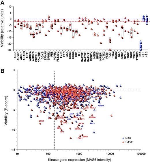Figure 2. Validation of myeloma survival kinases. (A) Top-ranked kinases targeted by lethal siRNA during primary high-throughput screens were tested in KMS11 cells using 4 unique siRNAs per kinase, assayed individually in separate wells, to verify survival kinase identification and to exclude kinases falsely identified during primary screening by chance or by off-target siRNA effects. As not all siRNAs efficiently silence their target, only the top 3 of 4 siRNAs tested are shown. The effects on viability of siRNAs are shown in arbitrary relative units, with UBB siRNA inducing approximately 100% cell death. To exclude false positives, only kinases whose targeting yielded concordant lethal results from ≥ 3 of 4 unique siRNAs were considered validated survival kinases. For validated survival kinases, the median viability loss induced by all siRNAs tested is shown as a bar. (B) XY plot of kinase gene mRNA expression in KMS11 and INA6 versus kinase siRNA lethality during primary kinome screening. Kinase mRNA levels were determined by Affymetrix (U133_2+ chip) expression profiling and represent the mean signal intensity (MAS5) of all probe sets per gene. Validated survival kinases are labeled.