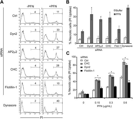 Figure 5. Inhibiting clathrin-mediated endocytosis increases PFN-induced necrosis. Inhibition of Dyn/clathrin-dependent endocytosis increases necrotic cell death after sublytic rPFN treatment. HeLa cells were transfected with siRNAs for Dyn2, AP-2μ2, and CHC or pretreated with Dynasore (80μM), an inhibitor of Dyn GTPase function, and then incubated for 15 minutes with sublytic rPFN. GFP (ctrl) or Flotillin-1 siRNAs were used as negative controls. Necrosis was evaluated immediately by flow cytometric measurement of PI uptake. Representative histograms after sublytic rPFN treatment (A), and mean ± SD from 3 independent experiments with sublytic (B) or different doses of rPFN (C) are shown. *P < .03, #P < .001, relative to control siRNA–treated cells.