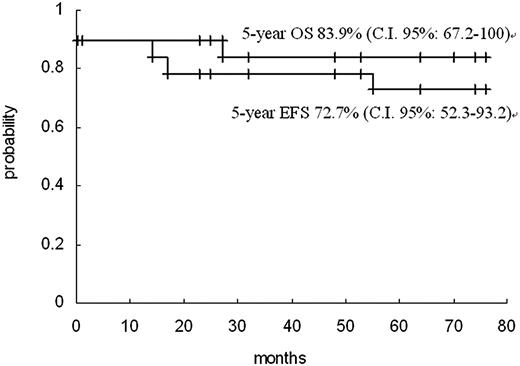 Figure 1. The Kaplan-Meier OS and EFS curves for 19 children treated with ATO. + indicates censoring time.
