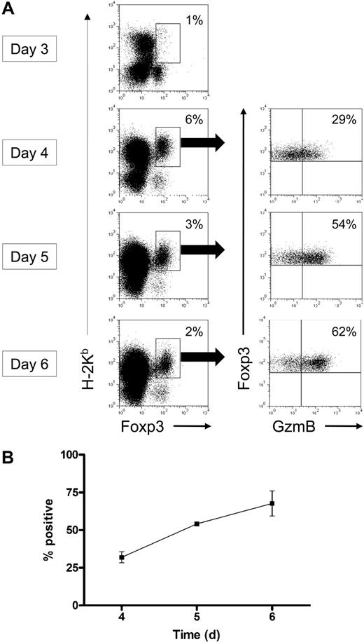 Figure 2. Alloactivated Treg cells express granzyme B in a mouse model of GVHD in vivo. Lethally irradiated Balb/c mice were reconstituted with 2 × 106 bone marrow cells and 2 × 106 T cells derived from 129/SvJ WT mice. Splenocytes were harvested from recipient mice on days 3 to 6 for flow cytometric analysis of granzyme B expression in donor-derived Treg cells. (A) Representative flow plots, gated on H-2Kb+Foxp3+ Treg cells, are shown. (B) Summary graph of percentage granzyme B–expressing Treg cells is shown (n = 3 mice per time point).