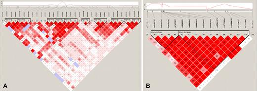 Figure 3. LD plots for regions on chromosome 11 and 2 showing an enrichment of significant associations. LD plot was generated with the program Haploview 4.1 using the data for CSSCD subjects. Each diamond represents the value of D′, with the standard LD color scheme: white, D′ < 1 and LOD < 2; blue, D′ = 1 and LOD < 2; shades of pink/red, D′ < 1 and LOD ≥ 2; bright red, D′ = 1 and LOD ≥ 2. The top panel displays the −log10 P value for each SNP in the additive model for CSSCD. (A) BCL11A on chromosome 2. (B) Region on chromosome 11 containing OR51B5 and OR51B6.