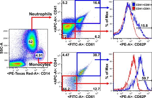 Figure 5. Strategy to profile the aggregation of platelets with neutrophils or monocytes. Whole blood flow cytometry was performed after samples were stained with specific cell surface markers conjugated with proper fluorochrome as described in “FACS analysis and immunohistochemistry.” The strategy to gate the specific platelet-leukocyte aggregation was described. The first step is to differentiate neutrophils from monocytes with CD14 surface marker, which then further identified with makers for platelets, respectively.