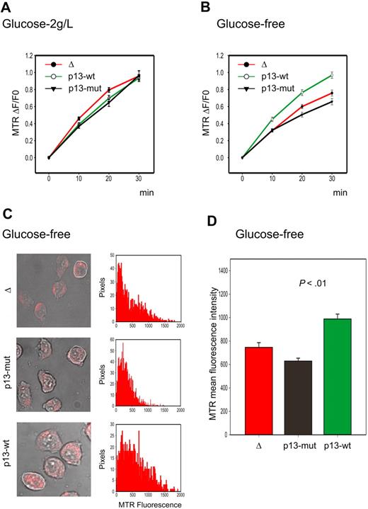 Figure 2. Effects of p13 on ROS production in Jurkat cells. Jurkat T-cell lines transduced with a lentiviral vector expressing wild-type p13, mutant p13, or empty vector (Δ) were cultured in standard medium containing 2 g/L glucose or in glucose-free medium and loaded with the H2O2 probe MitoTracker Red H2-MTR. MTR signals were analyzed by confocal microscopy and quantitated in regions of interest (ROIs) using the Histogram software in a time-lapse experiment of 30 minutes. (A-B) Plots show the fractional rate of accumulation of MTR (ΔF/F0, as described in “Analysis of ROS production in living cells”) over time. Data represent mean and SE of ΔF/F0 recorded in at least 60 cells per time point per sample in 3 independent experiments. (C) Representative end-point fluorescence recordings and an example of the quantitation of the MTR signals over the indicated ROI. This analysis was carried out on at least 30 cells in randomly selected fields, with data collected after 30 minutes from a total of 3 experiments. (D) Presents the resulting mean MTR fluorescence values with SE bars. The effects of p13 on ROS were specifically triggered in response to glucose deprivation (p13-wt compared with either Δ or p13-mut, P < .01 by Student t test).