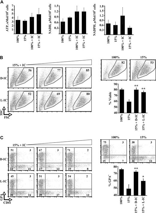 Figure 4. Participation of a nonmetabolic isocitrate signaling pathway. (A) Cellular ATP, NADH, and NADPH levels in day 5 erythroid cultures. Shown are means ± SEMs for 3 independent experiments. (B) Viability effects of L- versus D-isocitrate in erythroid iron restriction. Erythroid cultures received 1mM, 5mM, and 10mM isocitrate (IC) enantiomers, with FACS analysis on day 5. Graph summarizes 3 independent experiments with the use of 10mM isocitrate. **P = .012 for D-IC + 15% versus 15% and 0.017 for L-IC + 15% versus 15%. No significant difference was seen for D-IC + 15% versus L-IC + 15%. (C) Effects of L- versus D-isocitrate on erythroid differentiation. FACS analysis of GPA and CD41 expression in cultures from panel B, with gating on viable fraction. **P = .04 for D-IC + 15% versus 15%; *P = .05 for L-IC + 15% versus 15%. In addition, P = .05 for D-IC + 15% versus L-IC + 15%.
