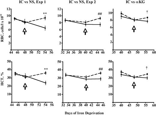 Figure 6. Influence of isocitrate on erythropoiesis in vivo. Isocitrate (IC) inhibits anemia progression during iron deprivation. Peripheral red blood cell (RBC) number and hematocrit (HCT) in mice on iron-deficient diets. Treatment with isocitrate (dashed lines) versus either normal saline (NS) or α-ketoglutarate (αKG; solid lines) was initiated on days indicated by arrows. Each point represents mean ± SEM for 6 mice/group. **Experiment 1 day 54, isocitrate versus saline, P values are .007 and .001 for RBC number and HCT. ##Experiment 2 day 45, isocitrate versus saline, P values are .015 and .018 for RBC number and HCT. †Comparison of isocitrate with α-ketoglutarate, day 56, P values are .044 and .046 for RBC number and HCT.