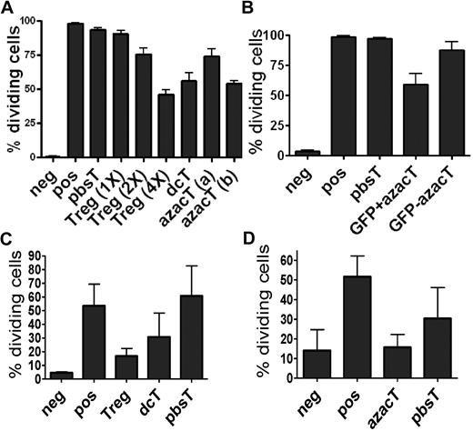 Figure 2. DcTs suppress the proliferation of Teffs. CFSE-based proliferation assays and MLR were performed with each population 2.5 × 104 per well in 96-well round-bottom plates. For transwell plate experiments, each population (1 × 105 per well) was incubated in 96-well flat-bottom transwell plates in the presence of beads as stimulators. The proliferation of CFSE-labeled CD4+CD25− T cells was analyzed after 3 days (cells with beads) or 6 days (cells with γ-irradiated APCs) on a FACScan cytometer (BD Biosciences). All cultures were evaluated in triplicate. Hypomethylating agent–treated cells suppress the proliferation of anti-CD3/CD28 antibody coated bead-activated Teffs (A-B) and allogeneic APC-activated Teffs (C-D). Treg (1×), (2×), and (4×) indicate the ratios of Treg:Teff = 1:1, 2:1, and 4:1, respectively. azacT (a) and (b) indicate that these azacTs were generated in the presence of AzaC 1μM and 2μM, respectivley. dcTs, azacTs, and pbsTs (right) were generated in the presence of hIL-2 (500 μ/mL; panel A). Only FACS purified GFP+ (thus, FOXP3+) and not GFP− CD4+ cells obtained from Foxp3-ires-GFP KI mice are suppressive (panel B). CD45.1 was used to gate on CFSE-labeled Teffs. dcT: Dec-treated T cells, pbsT: PBS-treated T cells, azacT: AzaC-treated T cells. Neg: negative control, CFSE-labeled Teffs alone; pos: CFSE-labeled Teffs with stimulators, anti-CD3/CD28 antibody coated beads or allogeneic APC; all others contain both CFSE-labeled Teffs and stimulators plus indicated cells such as nTregs, dcTs, pbsTs, or azacTs. GFP+ azacT: MoFlo sorted GFP+ cells after treatment of AzaC; GFP− azacT: MoFlo sorted GFP− cells after treatment of AzaC.