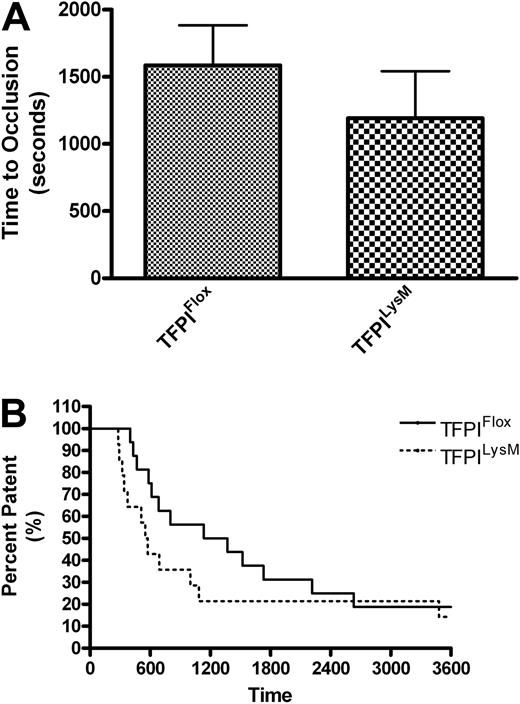 Figure 4. Murine model of thrombosis in TFPILysM mice. Thrombosis was examined using a FeCl3 arterial injury model in TFPIFlox and TFPILysM mice. A flow probe was used to determine when the carotid arteries of TFPIFlox and TFPILysM mice became occluded. (A) No significant differences were observed in times to occlusion between TFPIFlox and TFPILysM mice. (B) Percent patency was plotted against time using a Kaplan-Meier survival plot and χ2 analysis revealed no significant differences of plots for TFPIFlox and TFPILysM mice (P = .25).