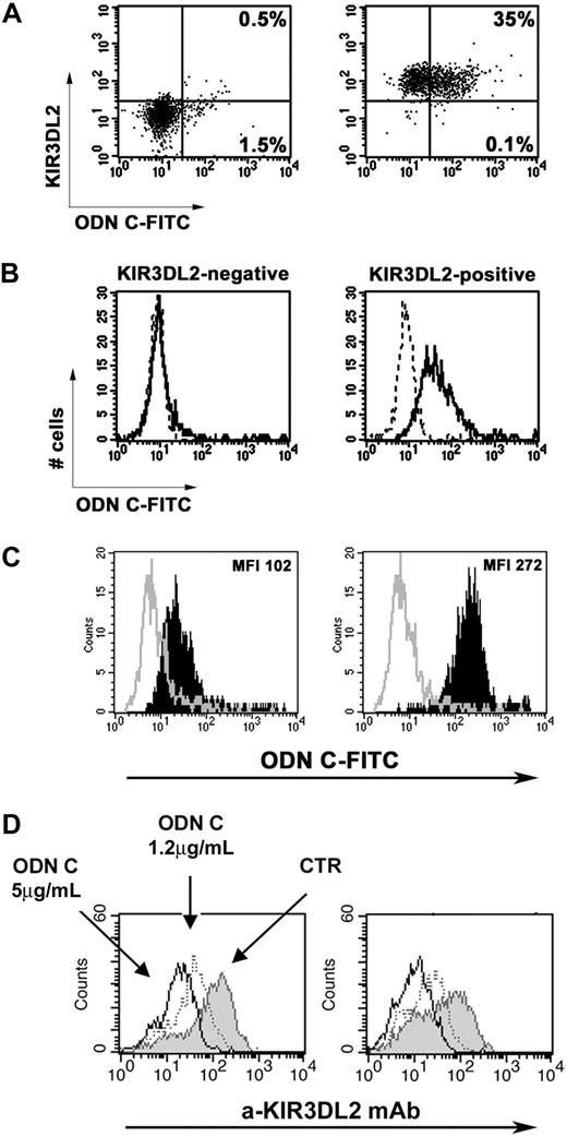 Figure 2. Preferential uptake of ODN C by KIR3DL2+ cells. The uptake of FITC–ODN C by KIR3DL2+ or KIR3DL2− NK cell populations sorted from IL2-activated NK cell populations (A) or KIR3DL2+ or KIR3DL2− NK cell clones (B; derived from the same donor) was analyzed by flow cytometry after 2 hours of treatment with 5 μg/mL FITC–ODN C. In panel A, the percentage of ODN C–FITC+ cells is indicated in the right quadrants. In panel B, treatment with dextran sulfate was used as a negative control (dot profiles). (C) The uptake of FITC–ODN C (full black profiles) was analyzed on KIR3DL2-transfected HEK-293T cells (right) and untransfected control (left) after 1 hour of treatment with 1.2 μg/mL FITC–ODN C. Treatment with dextran sulfate was used as a negative control (empty profiles). Mean fluorescence intensities (MFIs) are reported. (D) HEK-293T cells transfected with plasmid coding for KIR3DL2 full-length receptor (left) or for its cytoplasmic truncated form (KIR3DL2Δ, right panel) were treated or not for 18 hours with the indicated doses of ODN C, and then KIR3DL2 expression was assessed by cytofluorimetric analysis. Results shown in each panel are representative of 3 distinct experiments.