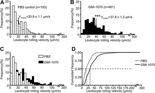 Figure 5. Leukocyte rolling velocity histograms. Leukocyte rolling velocities in (A) PBS-treated control SCD mice and (B) GMI-1070–treated SCD mice. The arrowheads indicate the means. (C) Overlay of histograms of panels A and B shows the increased average leukocyte velocities in GMI-1070–treated mice. (D) Cumulative frequency histogram of leukocyte rolling velocities for these 2 groups. Median values are indicated by vertical lines; *** P < .001.