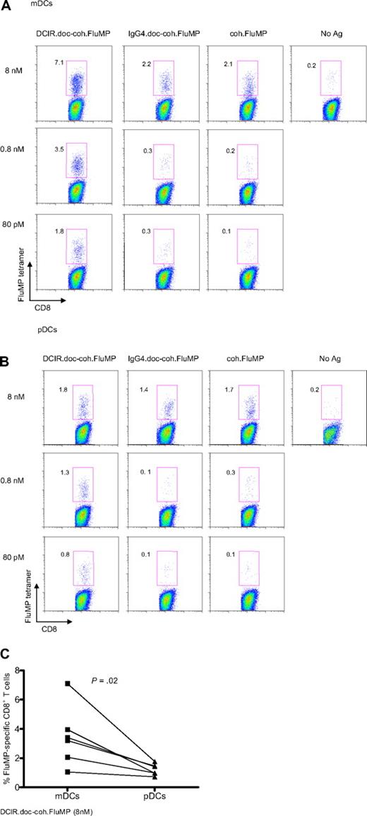 Figure 4. DCIR is a global target for all blood DC subsets. (A) Blood-derived mDCs from an HLA-A201+ donor are targeted with 8nM, 0.8nM, or 80pM each anti–DCIR.doc-coh.FluMP (clone 24A5), IgG4.doc-coh.FluMP conjugate mAbs, or free coh.FluMP, matured with CD40L and cocultured with autologous CD8+ T cells. Ten days later, CD8+ T-cell expansion was evaluated by specific HLA-A201–FluMP(58-66) tetramer staining. Data are representative of 3 independent experiments. (B) Blood-derived pDCs from an HLA-A201+ donor were targeted with 8nM, 0.8nM, or 80pM each anti–DCIR.doc-coh.FluMP (clone 24A5), IgG4.doc-coh.FluMP, or free coh.FluMP, matured with CD40L and cocultured with autologous CD8+ T cells. Ten days later, T-cell expansion was evaluated by specific HLA-A201–FluMP(58-66) tetramer staining. Data are representative of 3 independent experiments. (C) Percentage of FluMP-specific CD8+ T cells induced by 8nM DCIR.doc-coh.FluMP complex mAb-targeted mDCs or pDCs. Graph represents results of 3 independent experiments using 2 different clones of DCIR mAb. P = .02.
