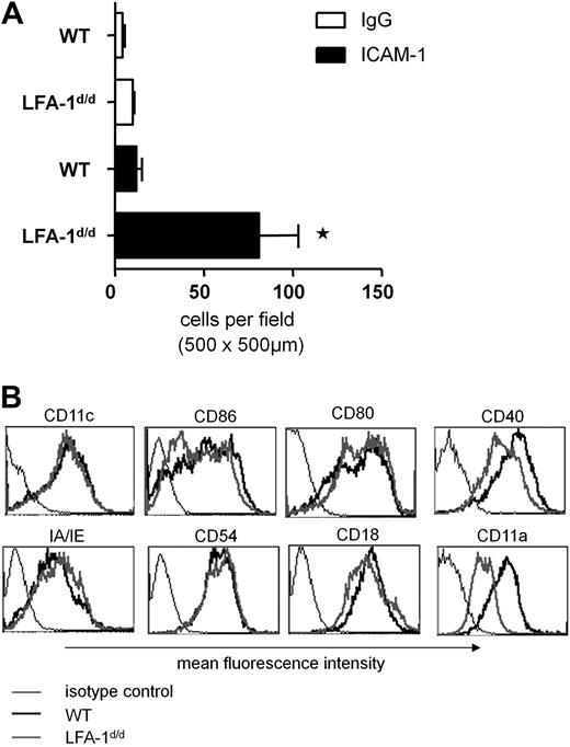 Figure 1. Active LFA-1 on mature DCs induces their adhesion to ICAM-1.(A) Mature bone marrow–derived DCs from wild-type (WT) or LFA-1d/d mice were incubated with recombinant ICAM-1/Fc or with control immunoglobulin G (IgG), and the number of adherent cells was evaluated. Mean of n = 3 experiments (each experiment was performed in duplicate). *P < .05. (B) Cell surface markers known to be induced during maturation of DCs were expressed to a similar extent in mature wild-type and LFA-1d/d DCs, as shown by flow cytometry (1 representative assay of 6). Surface expression of mutant compared with wild-type LFA-1 on DCs was reduced.