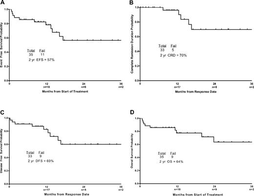 Figure 3. Event-free survival, CR duration, DFS, and overall survival of the patients. (A) Event-free survival, (B) CR duration, (C) DFS, and (D) overall survival. Numbers of patients at risk are indicated on the horizontal axis.