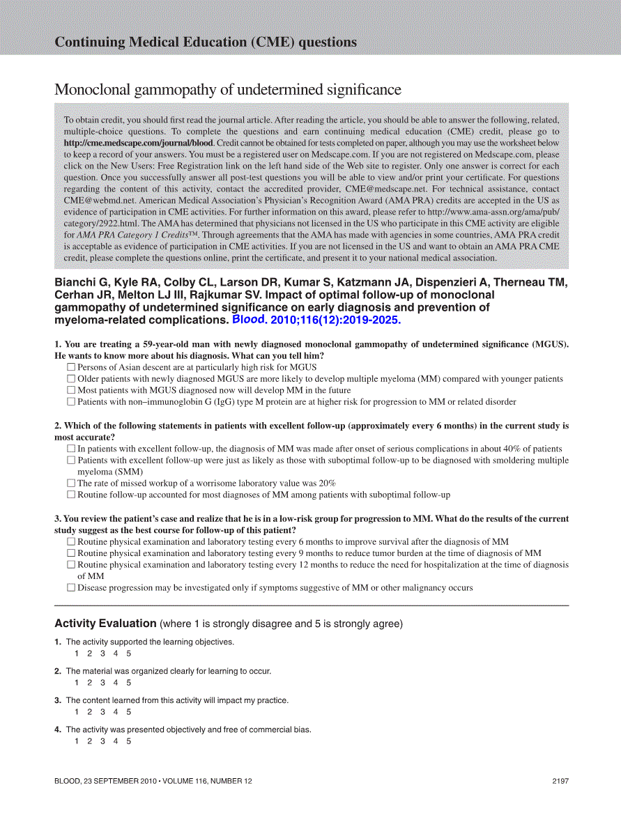 First page of Continuing Medical Education (CME) questions: monoclonal gammopathy of undetermined significance