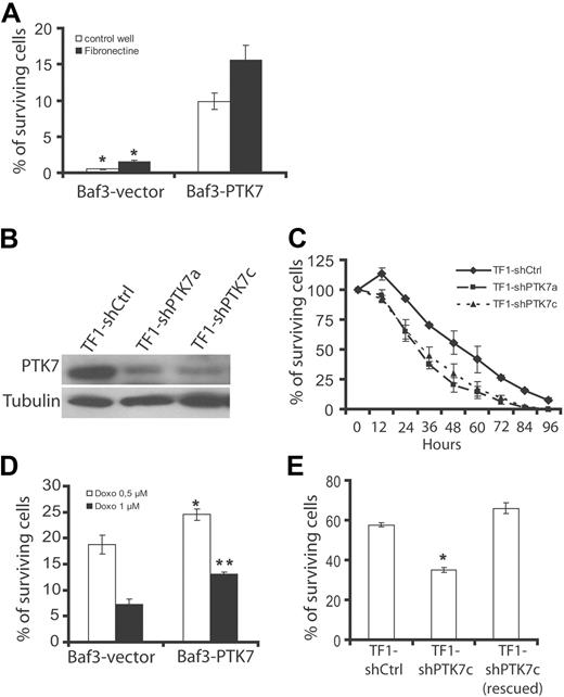 Figure 5. Role of PTK7 in cell survival. (A) Effect of growth factor deprivation evaluated in the Baf3 model. After 24 hours of incubation, most of the Baf3 cells transfected with the empty vector (Baf3-vector) are dead, whereas a percentage of Baf3-PTK7 remains alive (Trypan blue dye exclusion assay and luminometric cell viability assay). (B) Western blot using anti-PTK7 antibody. Down-regulation of PTK7 expression in TF1 cells by 2 different shRNAs (shPTK7a and shPTK7c). (C) Reduced cell survival of TF1 cells expressing low amounts of PTK7 in a growth factor deprivation assay. (D-E) Induction of apoptosis by anthracyclines. After 24 hours of incubation, the number of surviving cells was evaluated by a cell viability luminometric assay in the Baf3 (D) and TF1 (E) cell systems. Student t test was used for statistics; all P values < .05.
