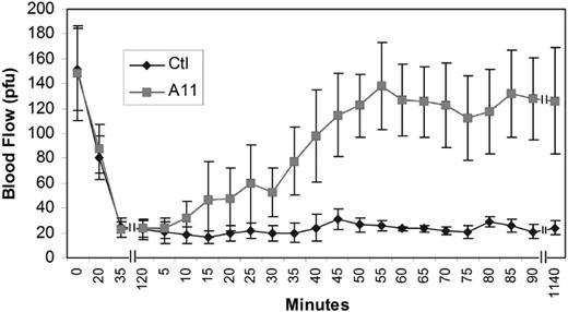 Figure 2. Ligation of GPIIIa49-66 with A11 reconstitutes blocked carotid artery thrombus blood flow 2 hours after cessation of blood flow. The carotid artery of mouse was dissected free of surrounding tissue and a FeCI3 patch applied for 20 minutes, followed by rinsing. Blood flow was monitored with a Doppler flow apparatus. Cessation of blood flow was generally at 35 minutes. Two hours after cessation of blood flow (vertical lines), the mice were infused intravenously with 25 μg of A11 or 20 μg of control scFv Ab (Ctl). Note the rapid reonset of blood flow, 10 to 15 minutes after infusion. P < .001 by 2-way ANOVA for treatment effect. By post hoc Bonferroni testing at 35 to 45 minutes, P < .01, A11 (n = 4) versus control scFv Ab (n = 5). For time points between 50 and 1140 minutes, P < .001, A11 (n = 4) versus control scFv Ab (n = 5).