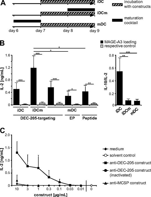 Figure 3. IL-2 secretion by MAGE-A3/HLA-DP4–specific CD4+ T cells after stimulation with differently loaded DCs. (A) Ag loading and maturation of DCs during this study. Depicted is a scheme indicating at which time point and at which stage DCs were loaded with the constructs and at which time point the DCs were matured. The plastic-adherent fraction of PBMCs from healthy donors was cultured in medium supplemented with granulocyte-macrophage colony-stimulating factor and IL-4. After 6 days of culture, cells were matured (black bar) for 24 hours with IL-1β, IL-6, PGE2, and TNF (mDCs), or were left immature (iDCs). iDCs and mDCs were incubated for 48 hours with the anti–DEC-205scFv-MAGE-A3-KKL or anti–MCSPscFv-MAGE-A3-KKL constructs (▨). After 24 hours of incubation with the constructs, a fraction of the iDCs was matured with the maturation cocktail (■) for 24 hours (iDCm). This ultimately leads to 3 different Ag-loaded DC populations, which were used in subsequent experiments. (B) Comparison of the stimulatory capacity of DCs loaded with MAGE-A3 by DEC-205 targeting, RNA electroporation, or direct peptide pulsing. DCs were either matured (mDCs) or were left immature (iDCs) and were incubated with 1 μg/mL of the anti–DEC-205scFv-MAGE-A3-KKL or the anti–MCSPscFv-MAGE-A3-KKL construct (as respective control) for 48 hours. A fraction of the iDCs was matured during the incubation (iDCm). In addition, mDCs were electroporated with MAGE-A3-DCLAMP RNA or MAGE-A3 RNA (as respective control) and pulsed with MAGE-A3/HLA-DP4 or NY-ESO-1/HLA-DP4 (as respective control) peptides. All these differently loaded DC populations were used to stimulate MAGE-A3/HLA-DP4–specific autologous CD4+ T cells, which were generated by TCR-RNA electroporation (“Cytokine-secretion assays”). IL-2 secretion by specific T cells was analyzed after 18 hours of coculture. Furthermore, the ratio between IL-10 to IL-2 secretion after activation of specific T cells with DEC-205–targeted iDCs, iDCm, and mDCs was analyzed (right panel). P values were calculated with the Mann-Whitney U test. *P < .05. **P < .005. ***P < .001. (C) Dose-dependent IL-2 secretion by MAGE-A3/HLA-DP4–specific CD4+ T cells after stimulation with DEC-205–loaded iDCm, generated as described in panel A, except that they were loaded with different concentrations of anti–DEC-205scFv-MAGE-A3-KKL fusion protein (as indicated). As negative control, heat-inactivated anti–DEC-205scFv-MAGE-A3-KKL protein in the same concentrations, 10 μg/mL and 1 μg/mL of anti–MCSPscFv-MAGE-A3-KKL protein, medium, and solvent control (generated by similar protein-purification protocol from mock-transfected 293T cells) were used. These DCs were used to stimulate MAGE-A3/HLA-DP4–specific autologous CD4+ T cells; and after 18 hours of coincubation, IL-2 concentrations in the supernatants were measured. Data are mean values ± SD of 4 independent experiments. DK indicates anti–DEC-205scFv-MAGE-A3-KKL fusion protein; MK, anti–MCSPscFv-MAGE-A3-KKL fusion protein; and EP, electroporation.