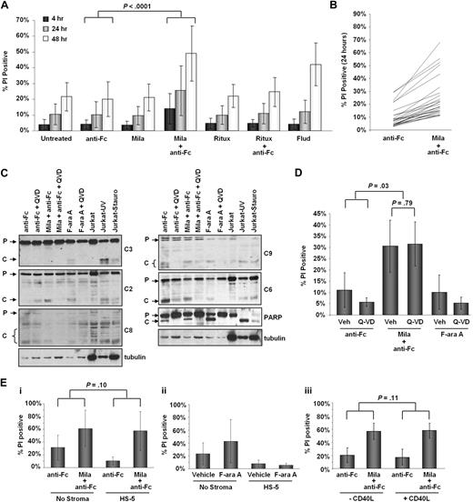 Figure 1. Milatuzumab mediates direct cytotoxicity in CLL cells. (A) Viability of chronic lymphocytic leukemia (CLL) patient cells at 4, 24, and 48 hours by propidium iodide (PI) staining. Cells were untreated, treated with goat anti–human Fc crosslinker alone, or treated with 5 μg/mL milatuzumab (Mila) or 10 μg/mL rituximab (Ritux) in the presence or absence of Fc crosslinker (in 5 × excess of binding antibody; N = 26; P < .0001 for anti-Fc vs mila + anti-Fc). Y-axis indicates the percent of PI positive cells and the active metabolite of fludarabine (2-F-ara A; Flud) was used as a positive control for cell death. (B) Viability of CLL patient cells at 24 hours by PI staining (N = 26 from panel A; each line represents individual patient sample). (C) Immunoblots for caspases-2, -3, -8, -6, -9, and PARP in whole cell lysates isolated from CLL cells treated with anti-Fc, 5 μg/mL mila + anti-Fc, or 5μM fludarabine in the presence or absence of 20μM caspase inhibitor, Q-VD-OPH, for 24 hours. Jurkat cells treated with ultraviolet (UV) or staurosporine were used as controls for caspase cleavage. Pro-caspase (P) and cleaved (C) forms are indicated. (D) Viability of CLL patient cells by PI staining treated with anti-Fc, 5 μg/mL mila + anti-Fc, or 5μM fludarabine in the presence or absence of 20μM caspase inhibitor, Q-VD-OPH, for 24 hours (N = 5; P = .03). (Ei) Viability of CLL patient cells treated with anti-Fc alone or 5 μg/mL mila + anti-Fc in the presence or absence of stroma coculture. After 6 hours in drug, cells were washed and cultured in fresh media alone or in the presence of HS-5 stromal cells. Viability was determined by PI staining after 48 hours of coculture (N = 11; P = .10). (ii) Viability of CLL patient cells treated with vehicle or 1μM 2-F-ara A in the presence or absence of stroma coculture. After 6 hours in drug cells were washed and cultured in fresh media alone or in the presence of HS-5 cells. Viability by PI staining was determined after 48 hours of coculture (N = 6). (iii) Viability of CLL patient cells treated with anti-Fc alone or 5 μg/mL mila + anti-Fc in the presence or absence of 500 ng/mL soluble CD40L. Viability by PI staining was determined at 48 hours (N = 17; P = .11).