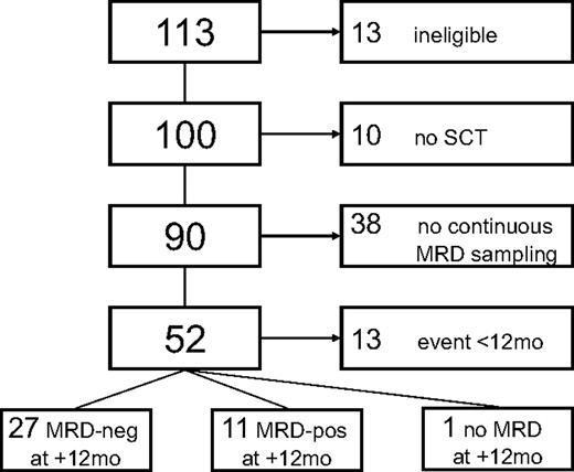 Figure 1. Consort diagram. Of 113 patients registered, 13 had to be excluded because of ineligibility (no CLL, 2; Richter's transformation, n = 1; no informed consent, n = 3; comorbidity precluding eligibility as per protocol, n = 3; registration after alloSCT, n = 4), leaving 100 patients evaluable for analysis. Ten patients did not proceed to alloSCT because they lacked a donor (n = 4), died from progressive disease or developed Richter transformation before alloSCT (n = 4), or refused alloSCT (n = 2).
